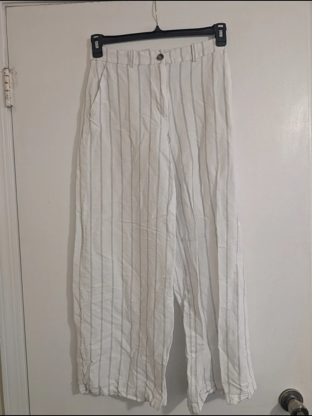 H&M Linen Blend Pinstripe Wide Leg Trousers Coastal Minimalist Tailored Chic